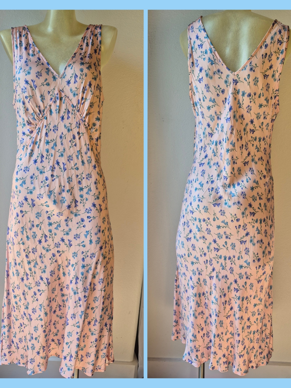 Ghost London Floral V-Neck Slip Dress - Pink with Blue Floral Print Size Med